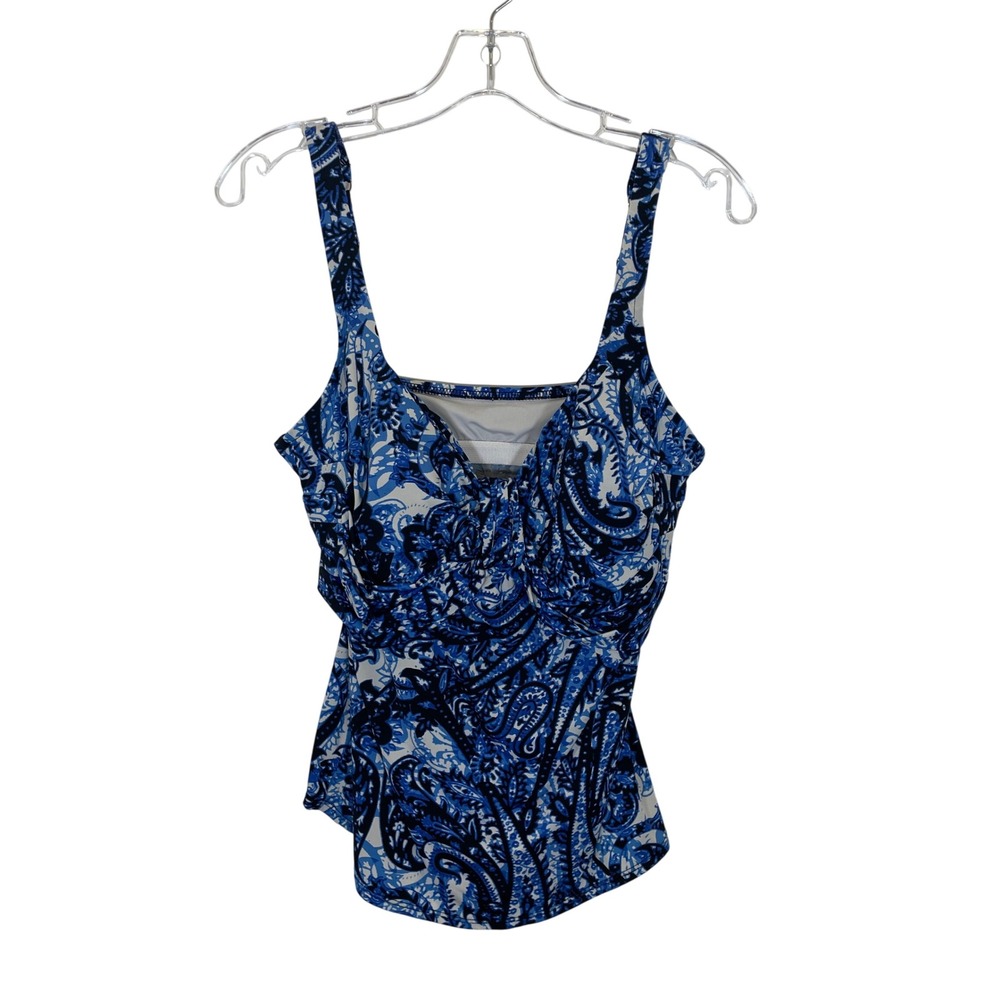Badgley Mischka Blue Paisley Tankini Swim Top Built-in Bra Resortwear Size 10